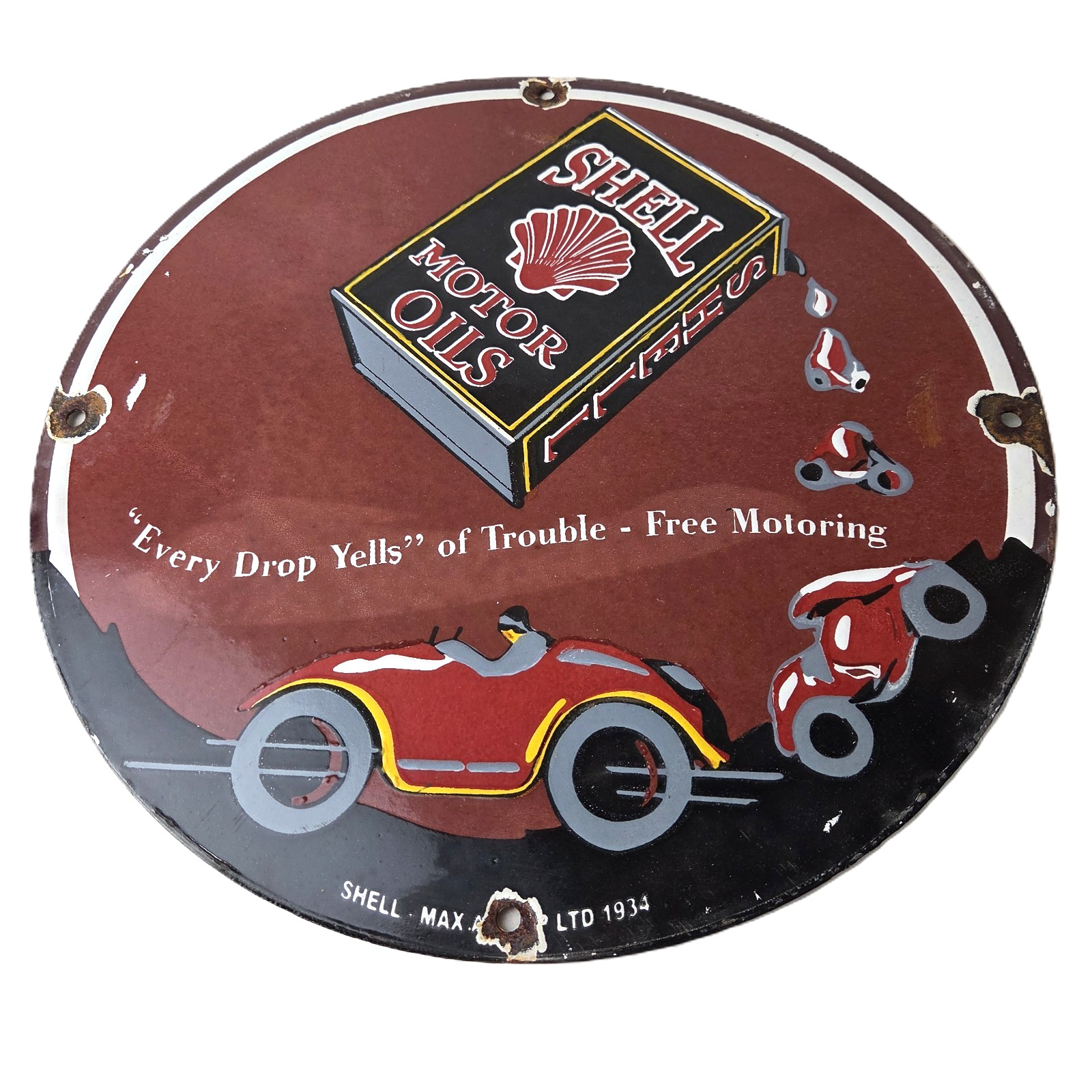 Vintage Shell Gasoline Sign – Free Motoring Gas Oil Pump Plate Porcelain Sign