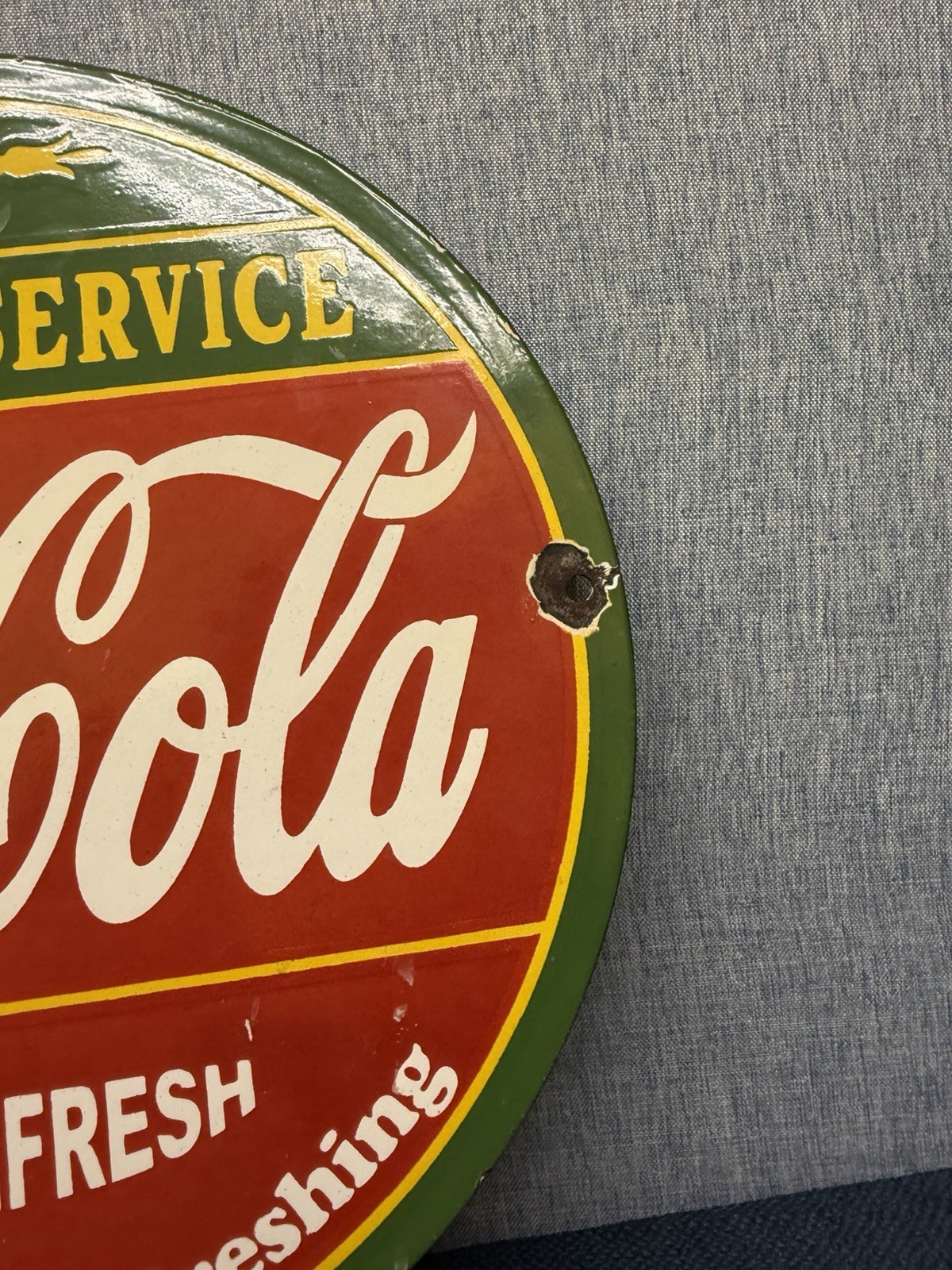 Vintage Coca Cola Fountain Service Porcelain Enamel Sign.