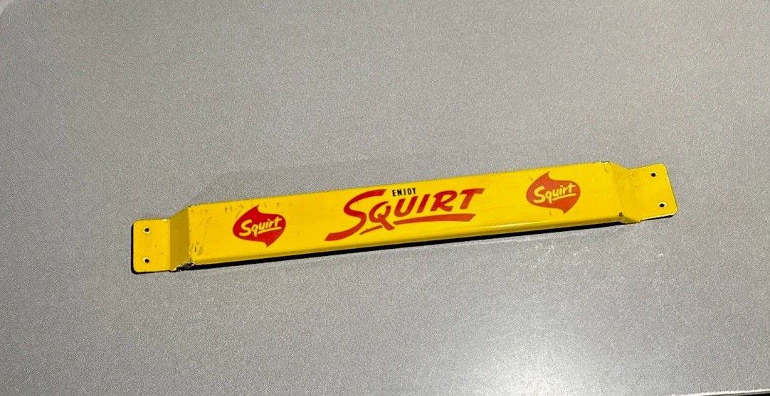 VINTAGE 32” SQUIRT SODA COLA DOOR PUSH BAR PORCELAIN SIGN CAR MOTORCYCLE GAS OIL