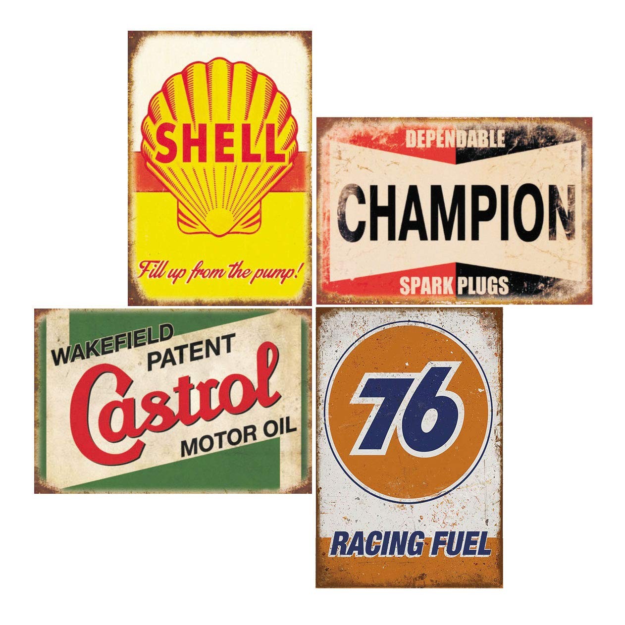 4 Pieces Reproduction Vintage Tin Signs, Gas Oil Car Metal Signs for Garage Man