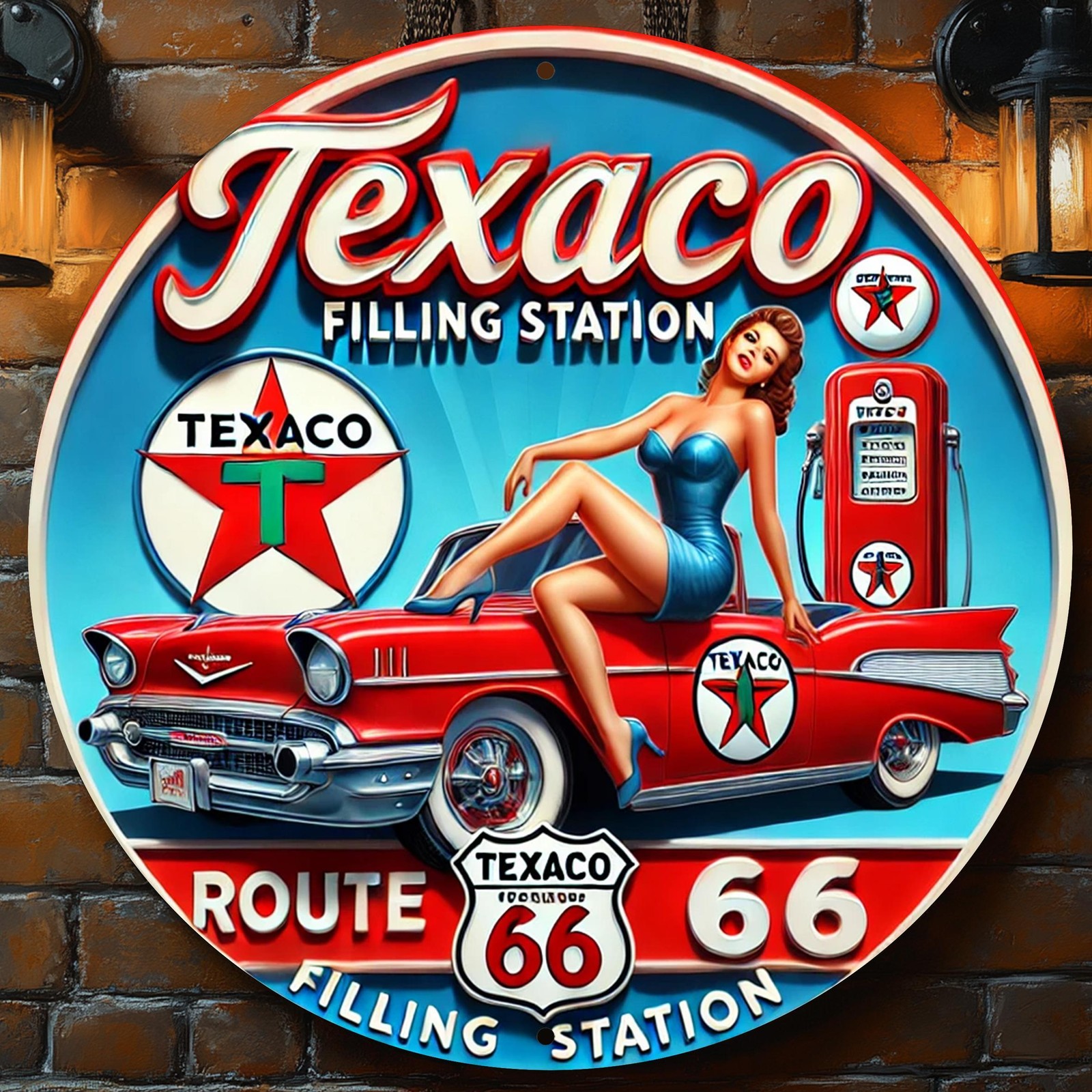 Vintage Texaco Gas Station Tin Metal Signs – 8×8 Inch Round Aluminum Wall Art wi