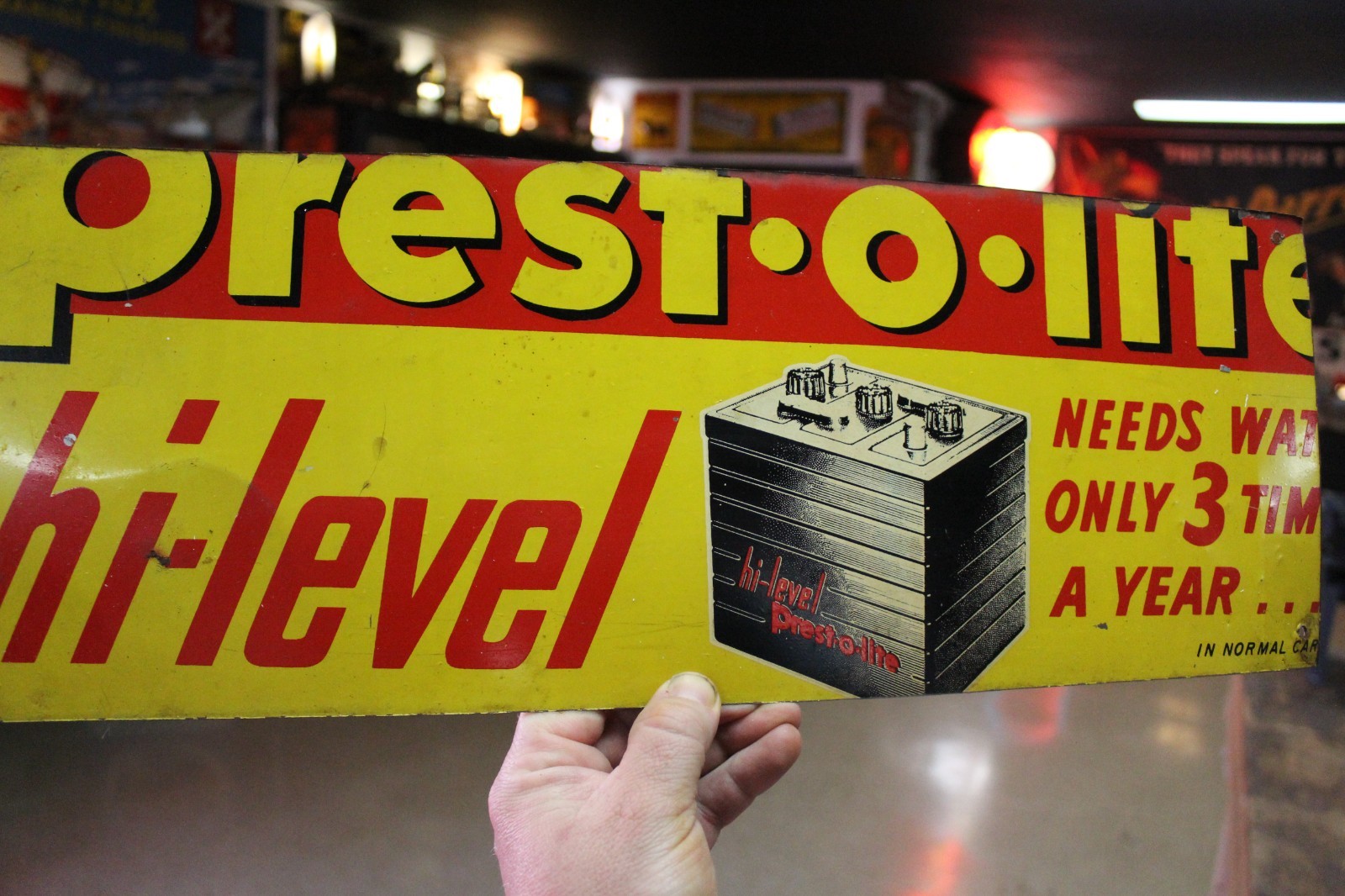 RARE 1950s PREST-O-LITE BATTERY PAINTED METAL DEALER SIGN SNOWMOBILE FUEL BACK