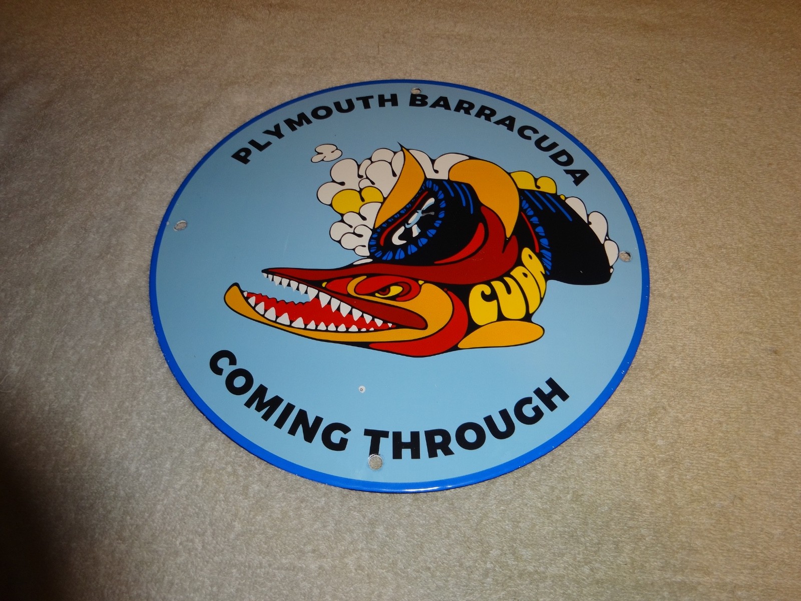 VINTAGE DODGE PLYMOUTH BARRACUDA 11 3/4″ PORCELAIN METAL CAR FISH GAS & OIL SIGN