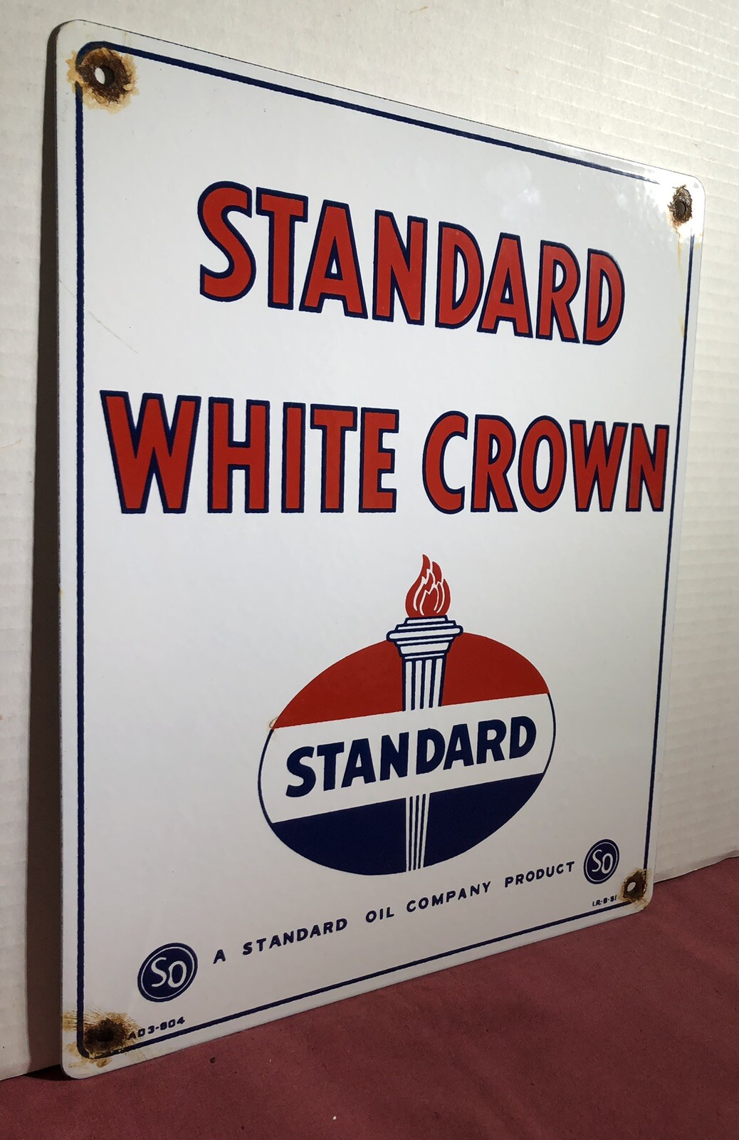 VINTAGE 1951 DATED STANDARD WHITE CROWN GASOLINE PORCELAIN GAS MOTOR OIL SIGN