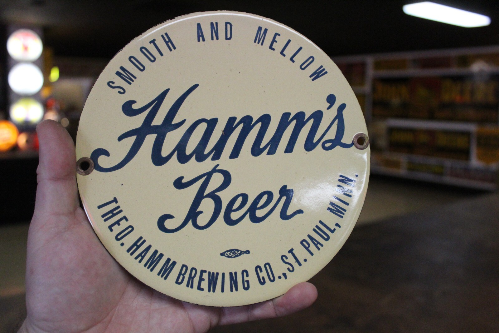 RARE THEO HAMM’S BEER DEALER PORCELAIN METAL SIGN MINNESOTA LAND SKY BLUE WATER