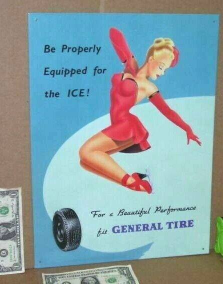 General Tire BLACKWALL TIRE Pretty ICE SKATE Girl PIN-UP ART -Old Sign Dated93