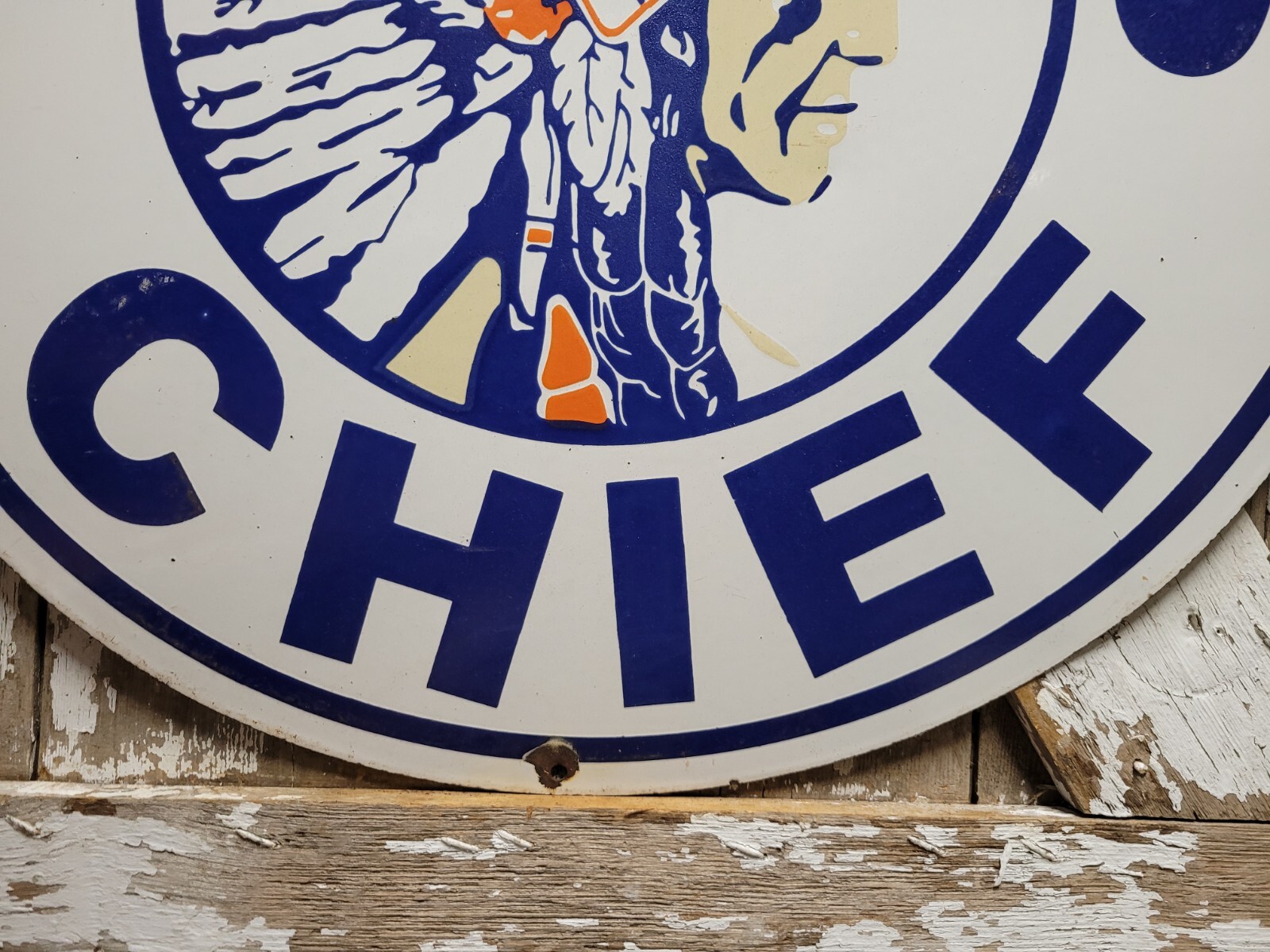VINTAGE IROQUOIS CHIEF PORCELAIN SIGN 30″ GASOLINE DEALER RARE MOTOR OIL SERVICE