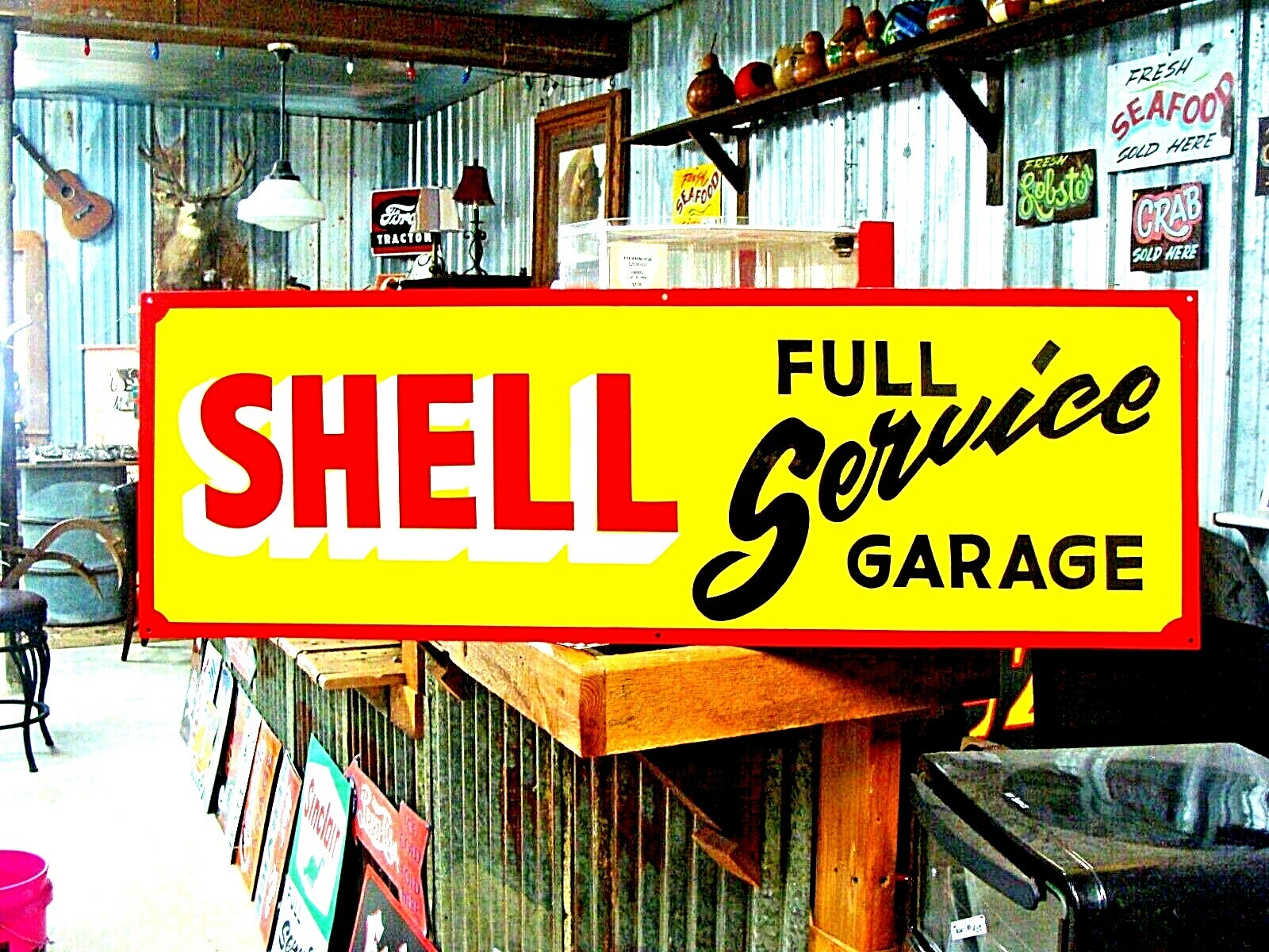 Vintage Hand Painted SHELL FULL SERVICE Gas Oil Station Metal SIGN Shop Garage