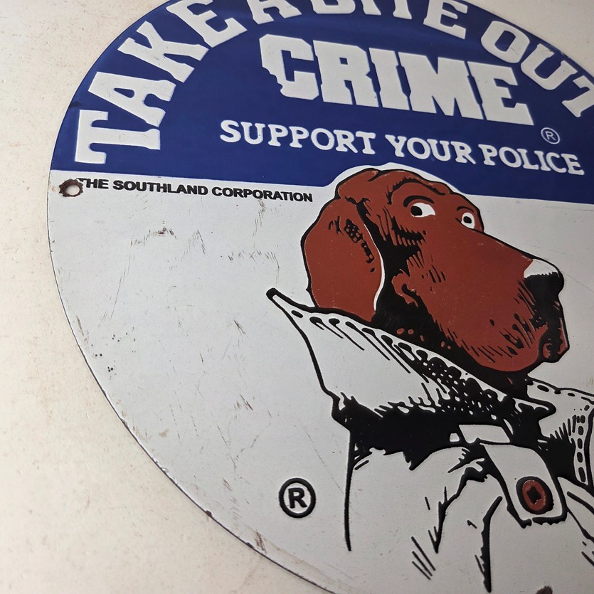 Vintage McGruff Crime Dog Sign – Porcelain Support Police Gas Pump Plate Sign