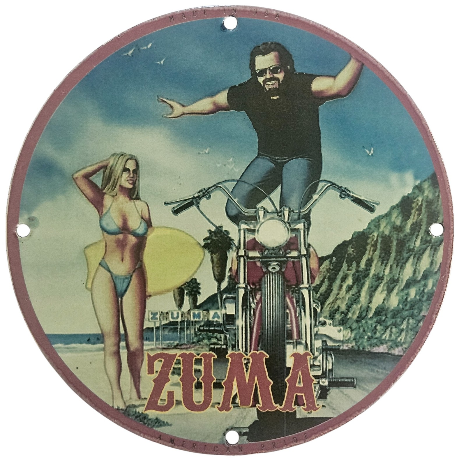 Vintage Porcelain Sign ‘ZUMA’ – Nostalgic Beach Bike Art Print