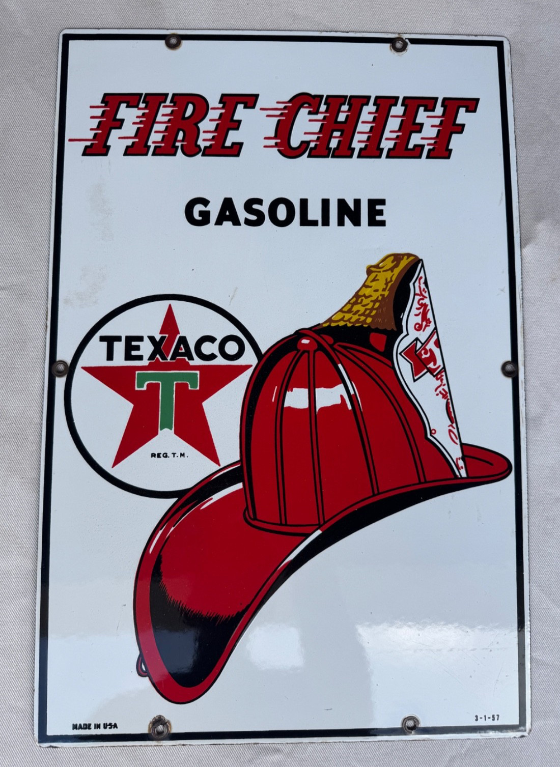 Vintage TEXACO Fire Chief Porcelain Gas Station Sign 18″x12″ MARCH 1957 ORIGINAL