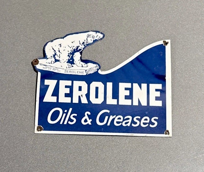 VINTAGE 13” ZEROLENE BEAR GREASES PORCELAIN SIGN CAR OIL GAS MOTORCYCLE