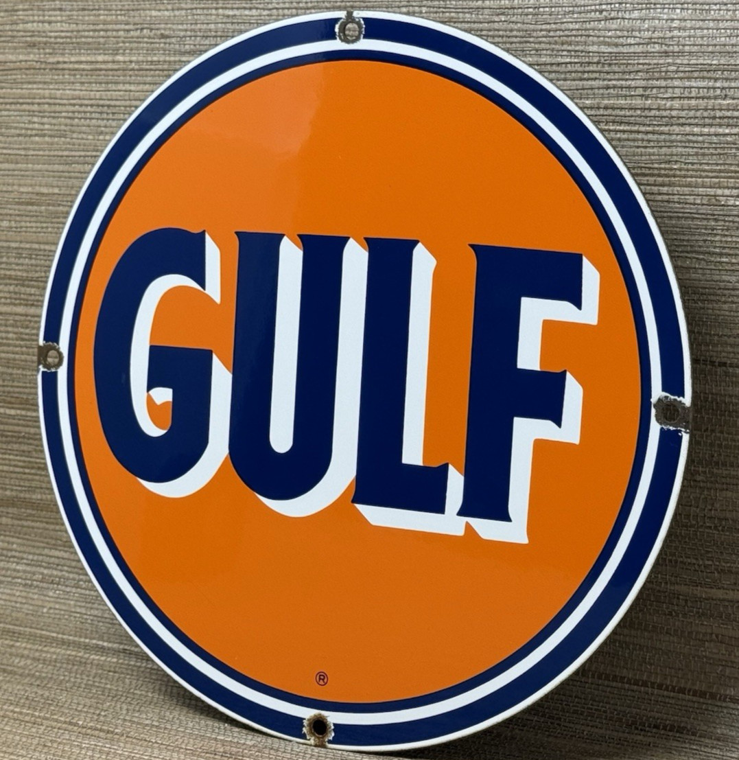 VINTAGE GULF GASOLINE PORCELAIN SIGN GAS STATION PUMP PLATE MOTOR OIL SERVICE
