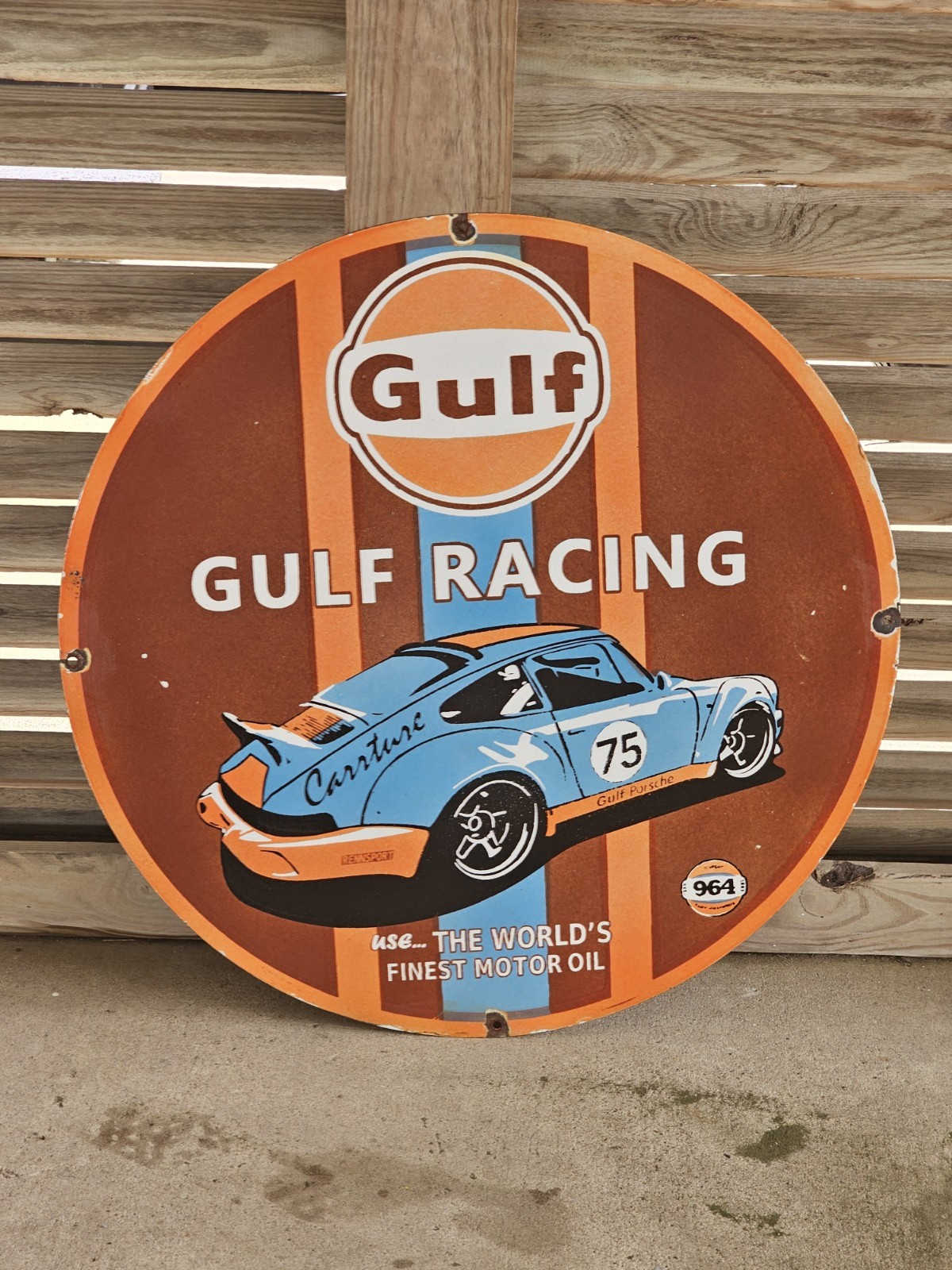 GIANT VINTAGE GULF RACING PORCELAIN ENAMEL SIGN 29 X 29