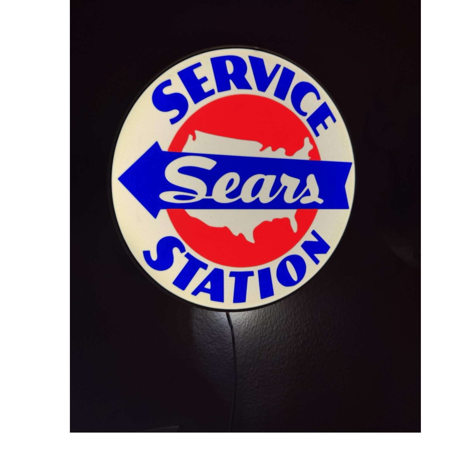 Sears Service Station Gas & Oil Advertising Sign Lighted Round White Blue Red
