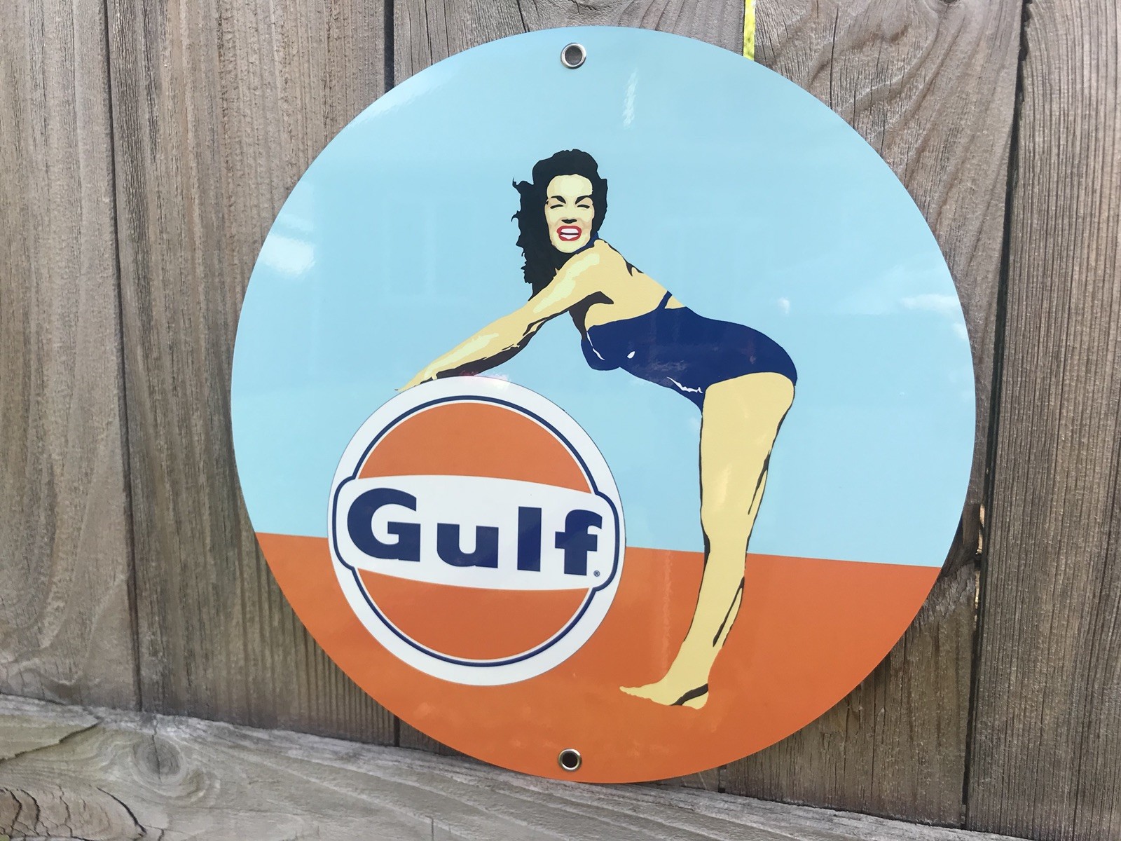 Gulf racing Gasoline Round Metal Pinup Girl Pin Up sign oil gas