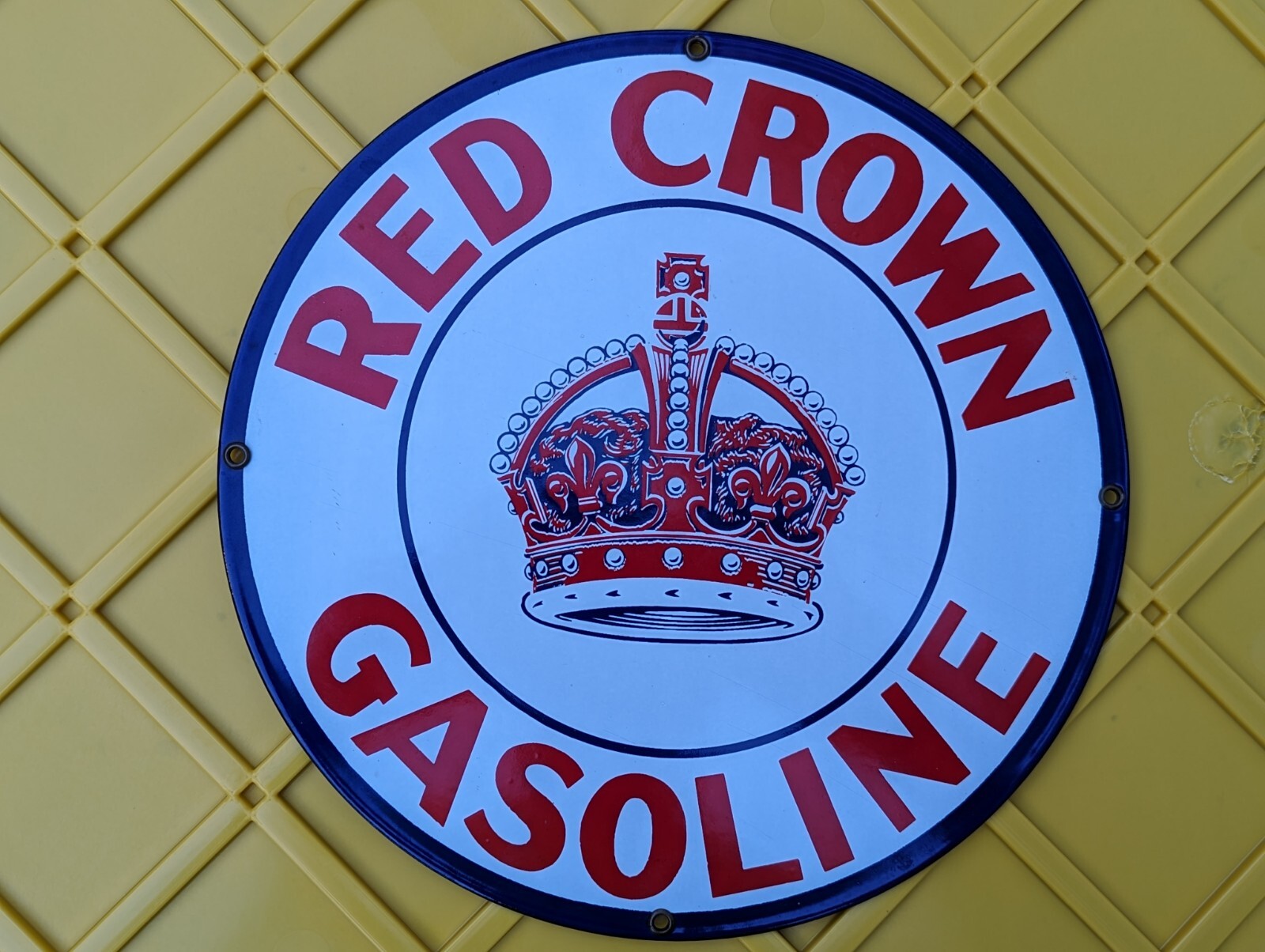 RED CROWN GASOLINE PORCELAIN SIGN, STANDARD OIL PUMP PLATE – 11.75″ Diameter