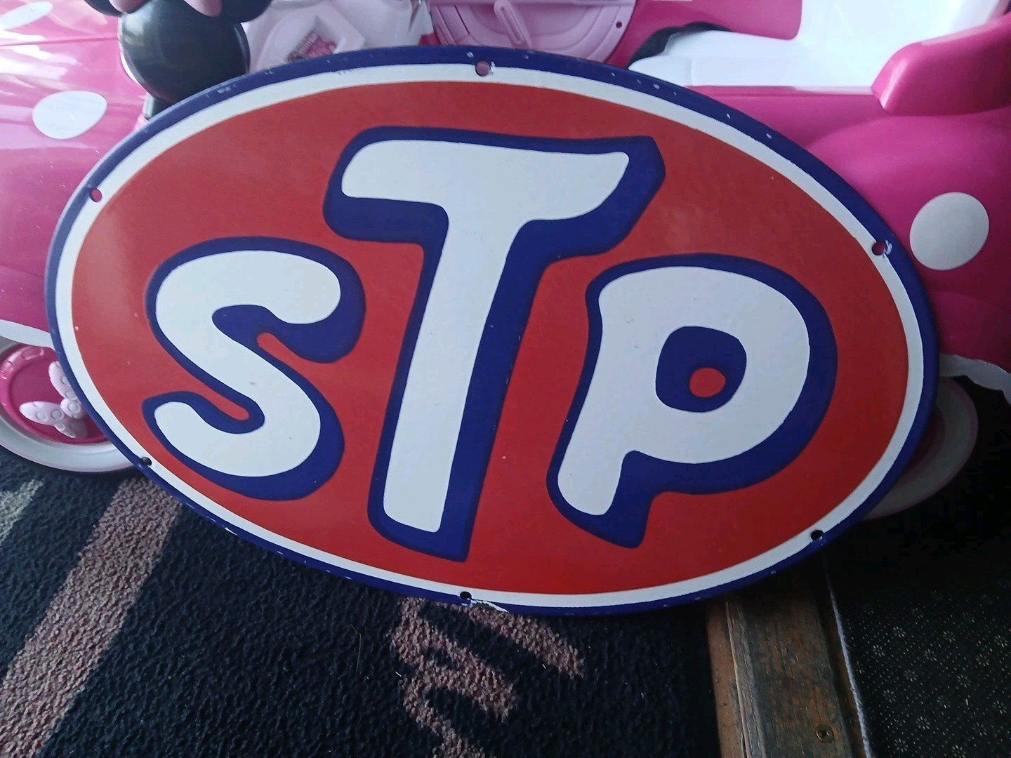 Large Vintage STP 2FT Porcelain Metal Oval Sign – Gas Pump Automotive Sign