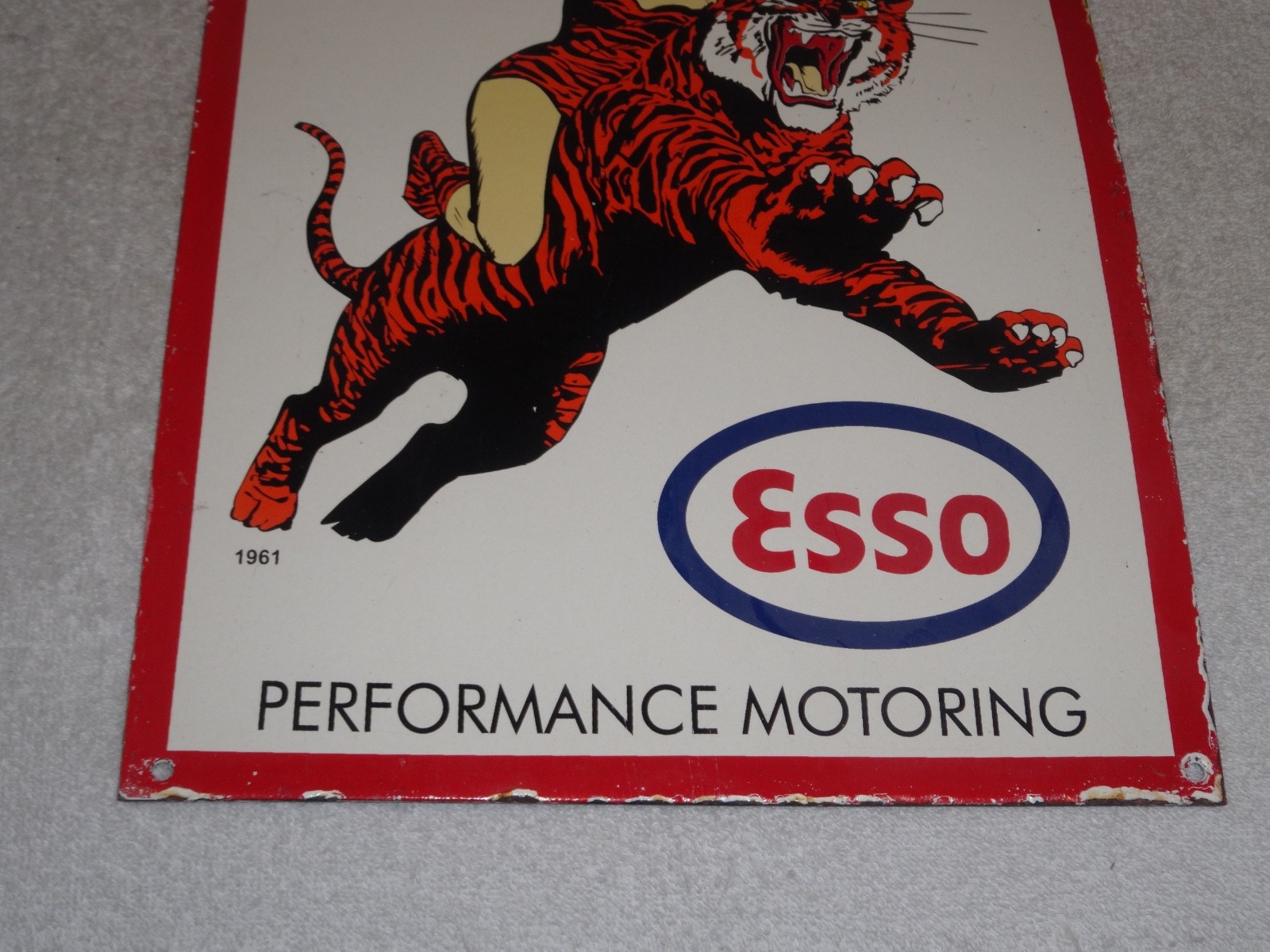 VINTAGE 1961 ESSO CAT WOMAN RIDES TIGER BATMAN & ROBIN MOVIE SHOW PORCELAIN SIGN