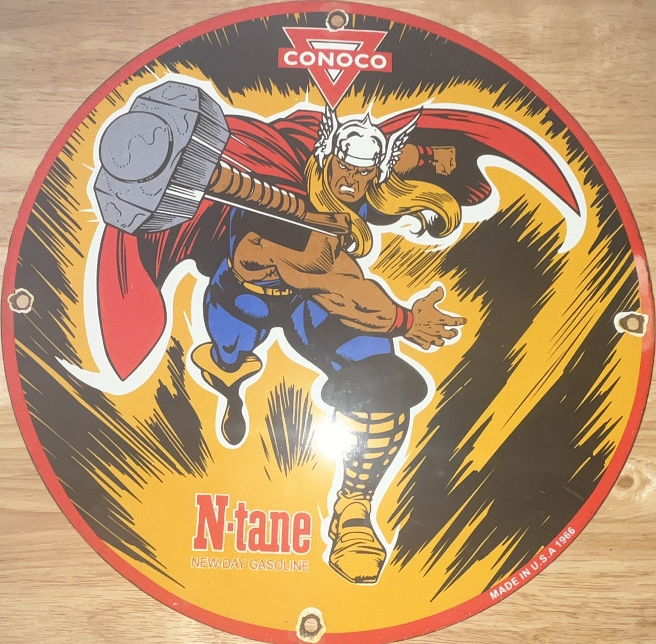 Conoco N-tane Advertising Sign Comic Style Round Metal Yellow Black Red Blue