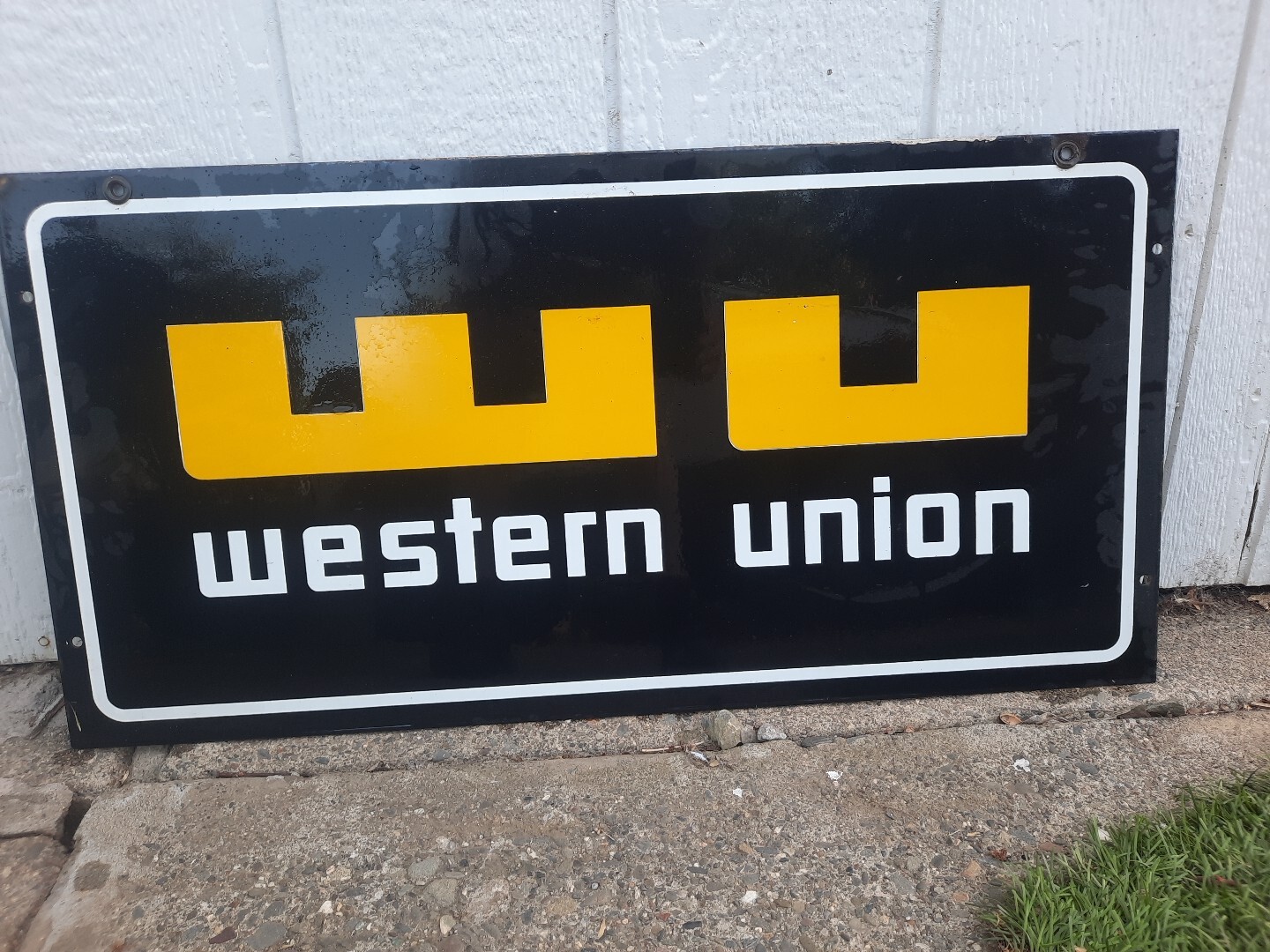 AUTHENTIC & ORIGINAL WESTERN UNION 30 X 15 INCH DOUBLE SIDED PORCELAIN SIGN