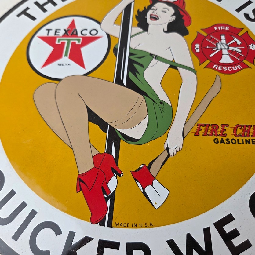 Vintage Texaco Gasoline Sign – Fire Pole Fire Chief Gas Pump Ad Porcelain Sign