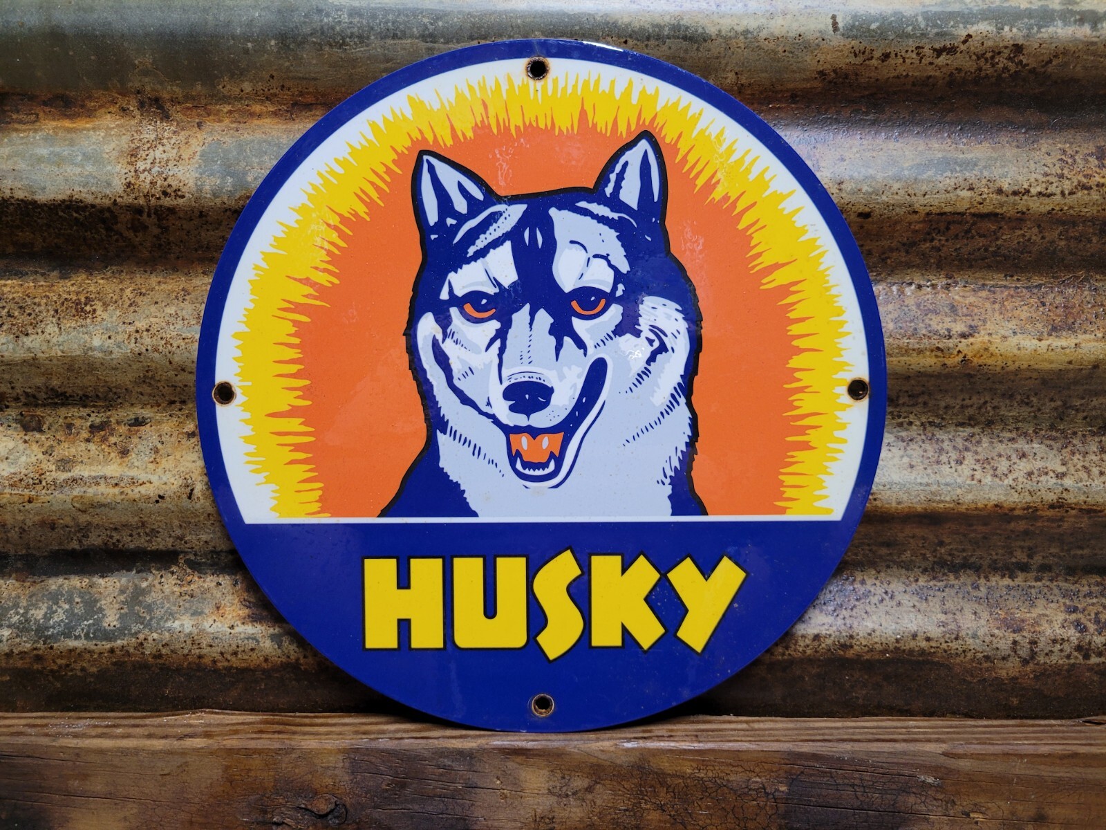 VINTAGE HUSKY PORCELAIN SIGN MOTOR OIL GASOLINE COMPANY AUTO SERVICE SLED DOG