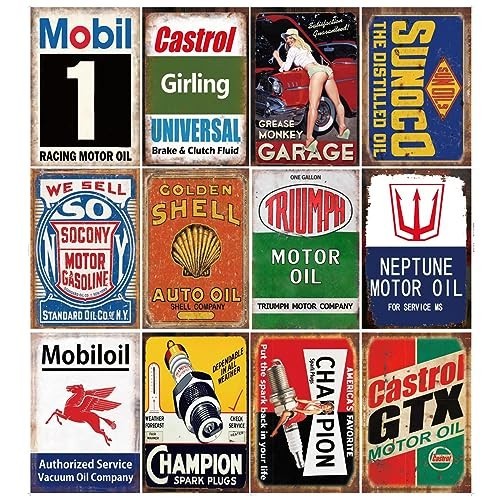 12 Vintage Gas & Oil Tin Signs – Retro Metal Wall Art for Home, Man Cave, Garage