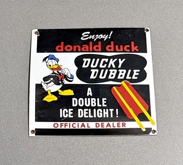 VINTAGE 12” DONALD DUCK DISNEY ICE CREAM PORCELAIN SIGN CAR GAS OIL MOTORCYCLE