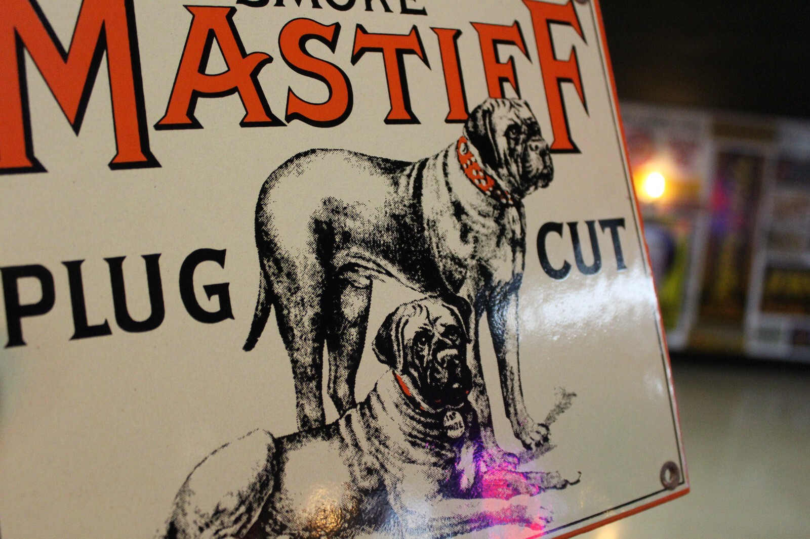 RARE SMOKE MASTIFF PLUG TOBACCO DEALER PORCELAIN METAL SIGN DOG CHEWING INDIAN