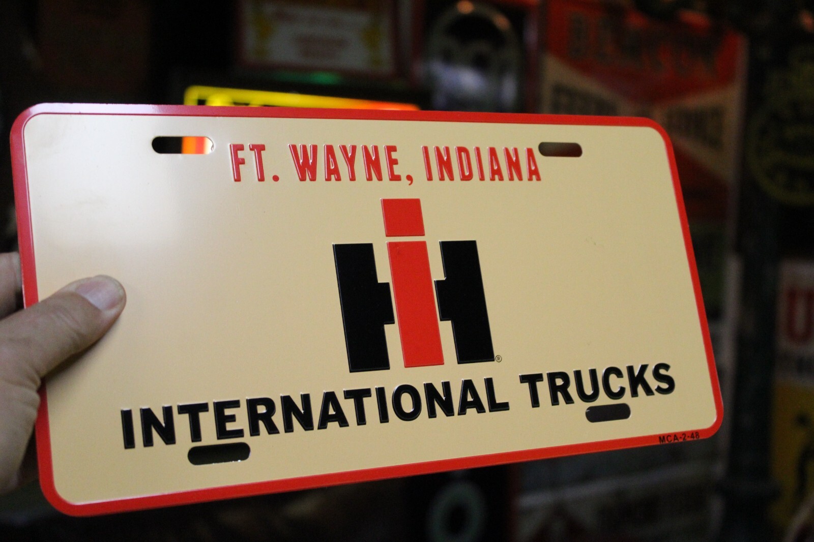 IH INTERNATIONAL TRUCKS FORT WAYNE INDIANA EMBOSSED LICENSE PLATE SIGN TRACTOR