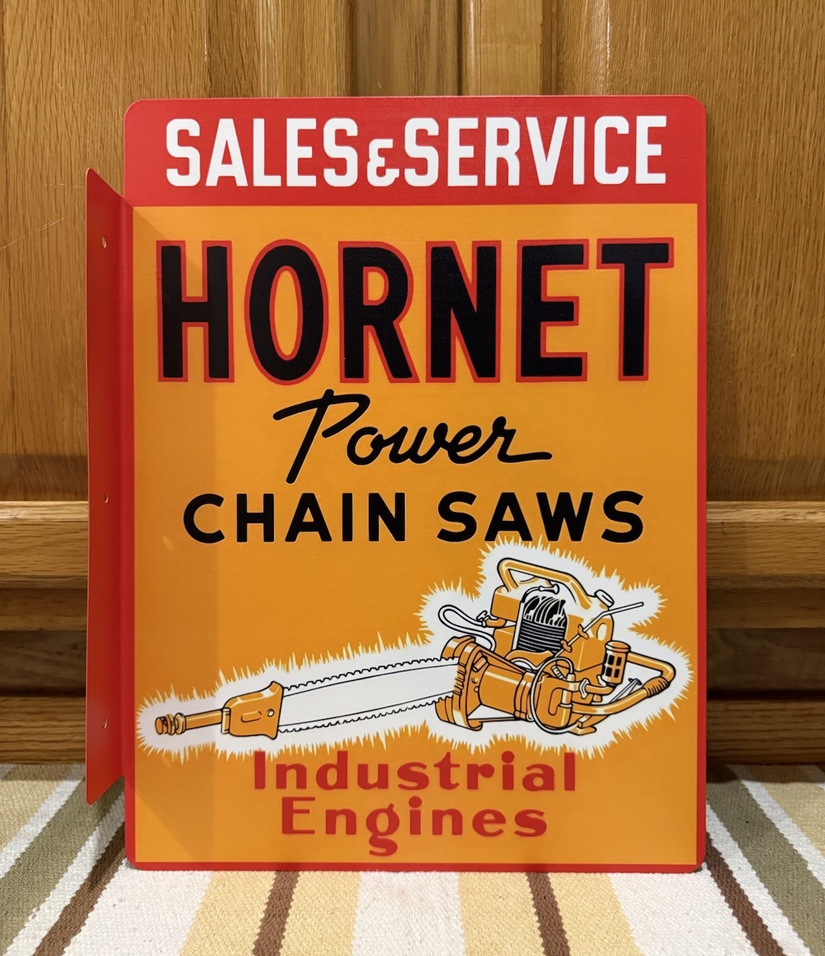Hornet Chain Saw Flange Sign Sales Service Double Sided Vintage Style Wall Decor