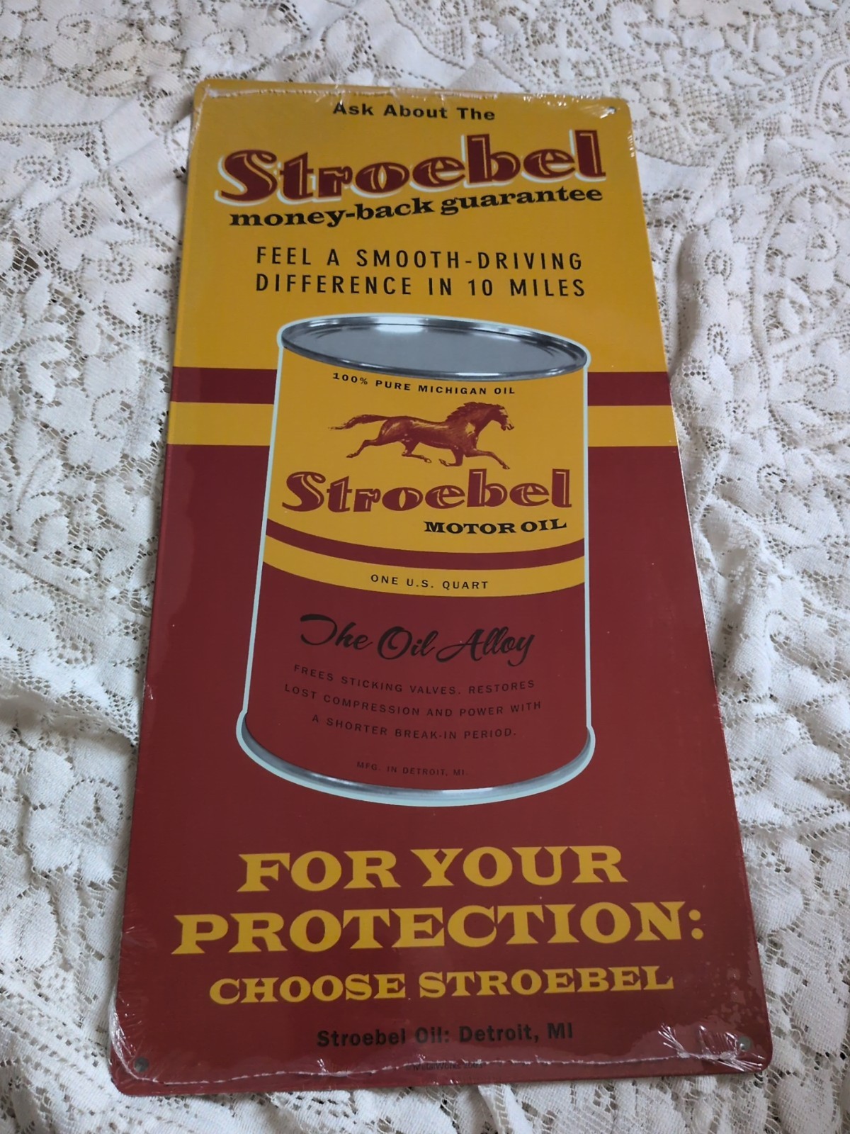 Stroebel motor oil TIN SIGN 9×18″ cog gear BRAND NEW Rare Old stock retro