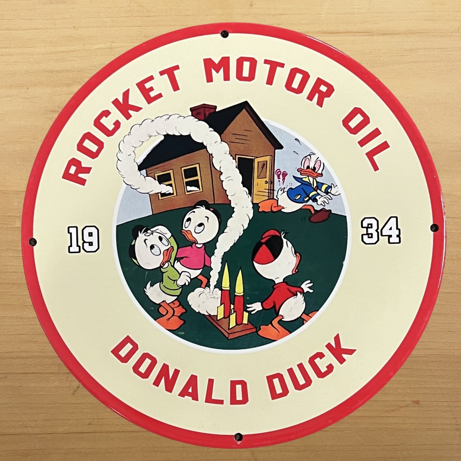 VINTAGE ROCKET MOTOR OIL PORCELAIN SIGN DONALD DUCK SERVICE STATION PUMP PLATE