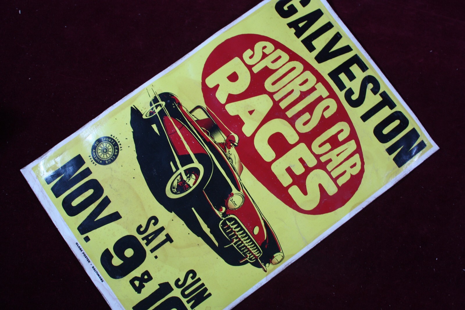* VINTAGE GALVISTON SPORT CAR RACES GLOBE POSTER NAT’L SPORTS CAR CLUB AMERICA *