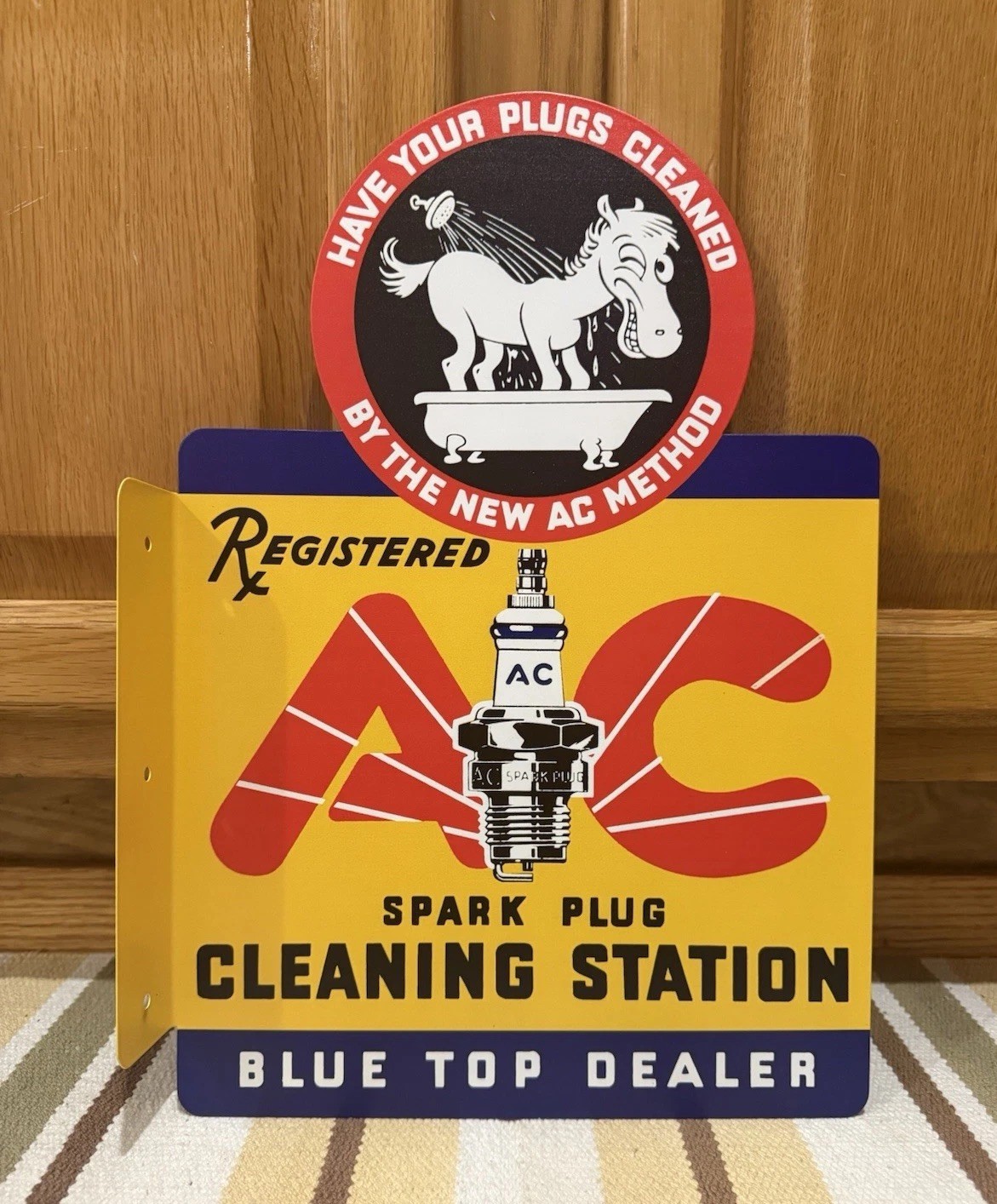 AC Spark Plug Flange Sign Metal Double Sided Sparky Vintage Style Wall Decor 1