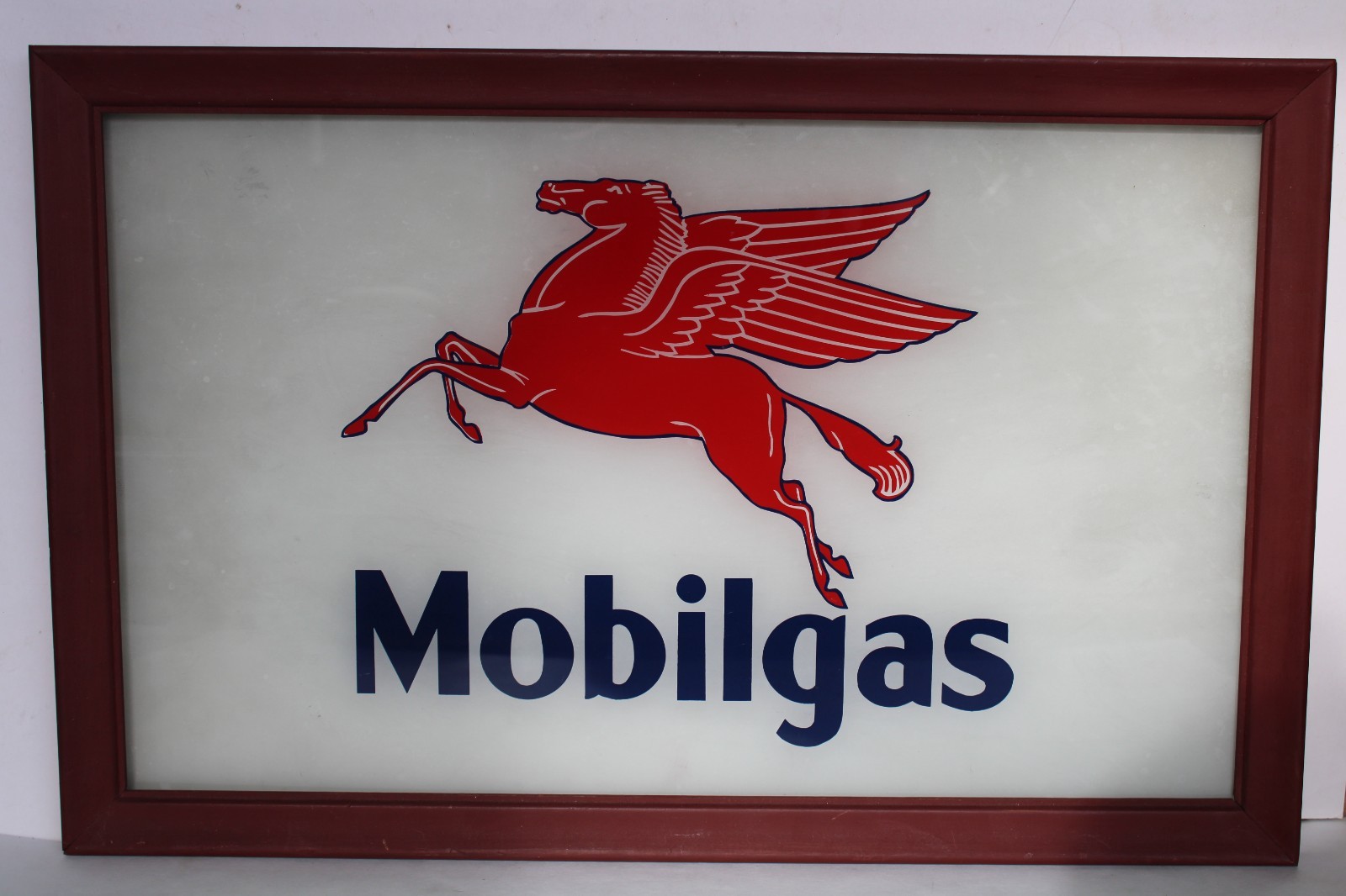 Vintage Orig. Mobil Gas Mobilgas Pump Advertising Oil Glass Sign, Framed -19.25″