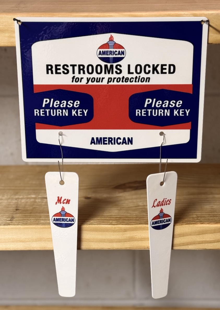 AMERICAN GASOLINE RESTROOMS KEY HANGER WITH FOBS GAS OIL GARAGE STATION SIGN
