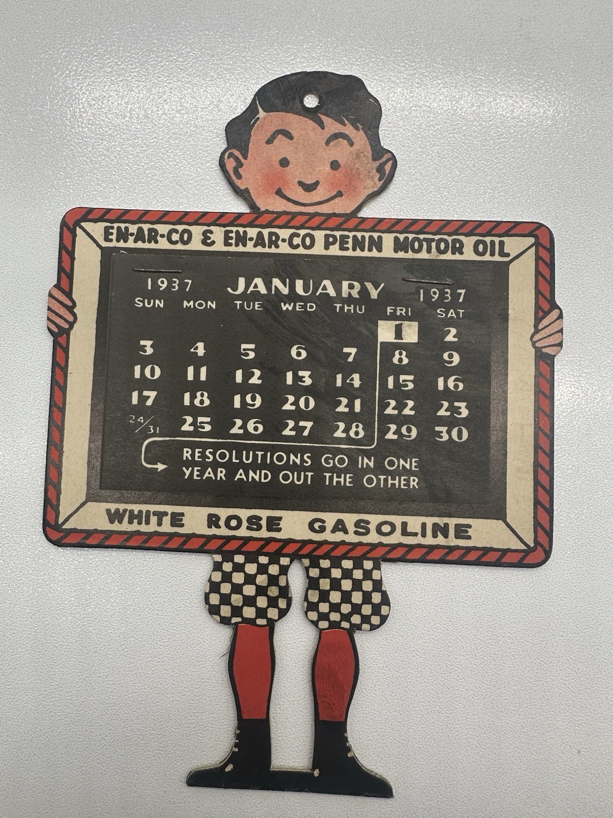 Vintage 1937 En-Ar-Co Motor Oil Calendar Complete White Rose Gasoline Boy Slate