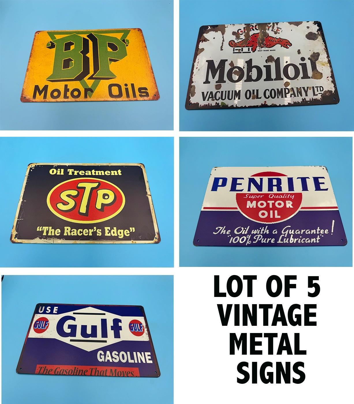 Lot of 5 Oil & Gasoline Vintage Metal Signs 8 x 11.5 Inches Signs Advetisments