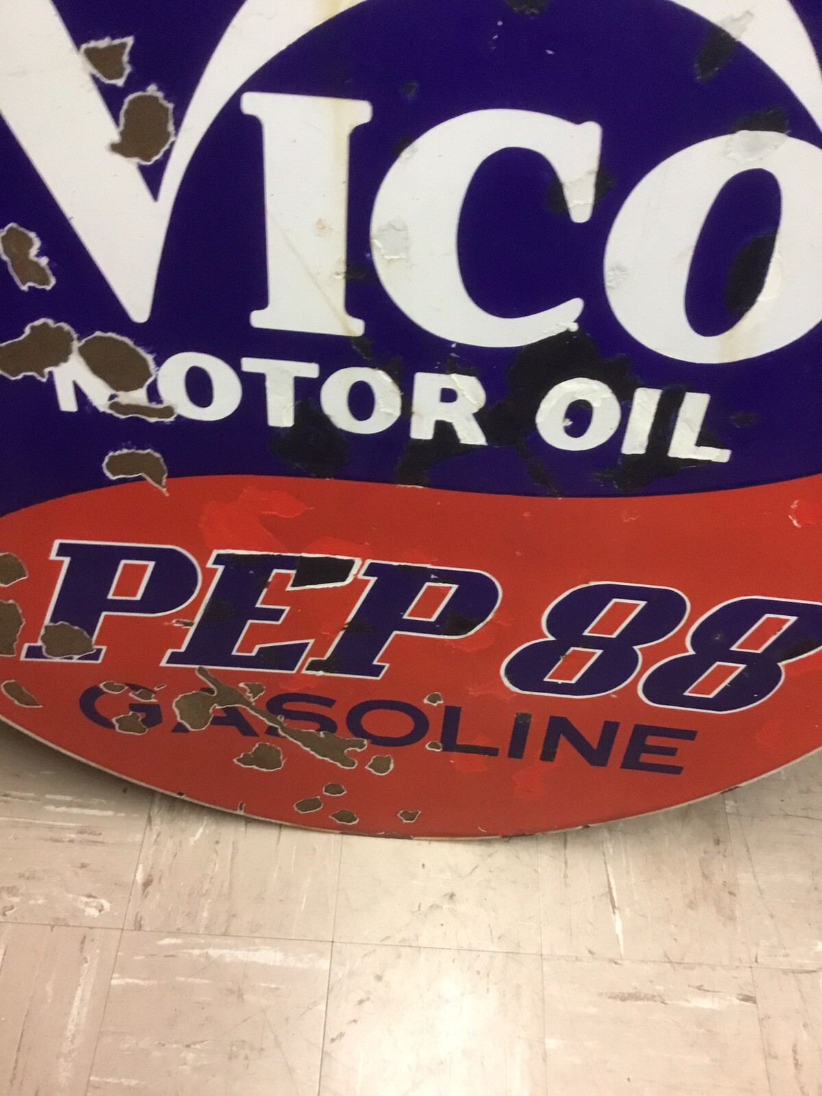 Ultra Rare 1930s 40s Vico Pep88 Gasoline Double Sided Porcelain Sign 42 inches.
