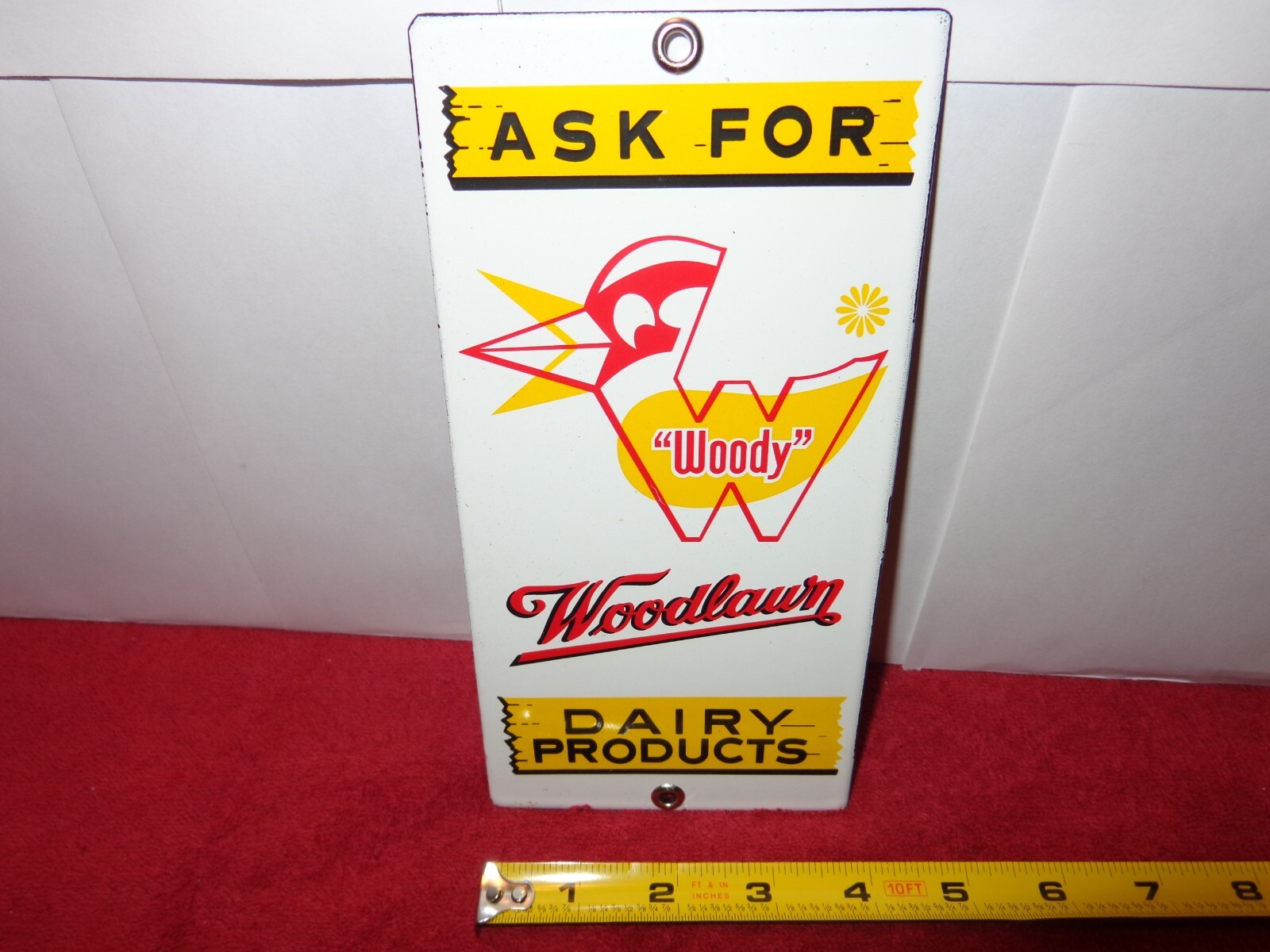 4 x 8 in WOOD LAWN DAIRY PRODUCTS ADV. SIGN DIE CUT HEAVY METAL PORCELAIN #Z113