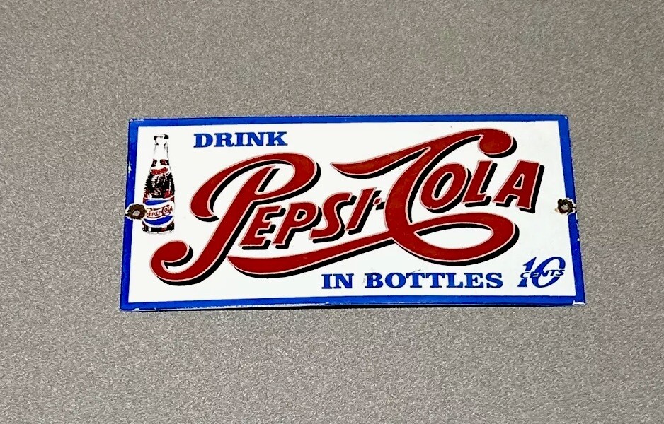 VINTAGE 12” PEPSI COLA SODA POP MOTOR OIL PORCELAIN SIGN CAR GAS AUTO