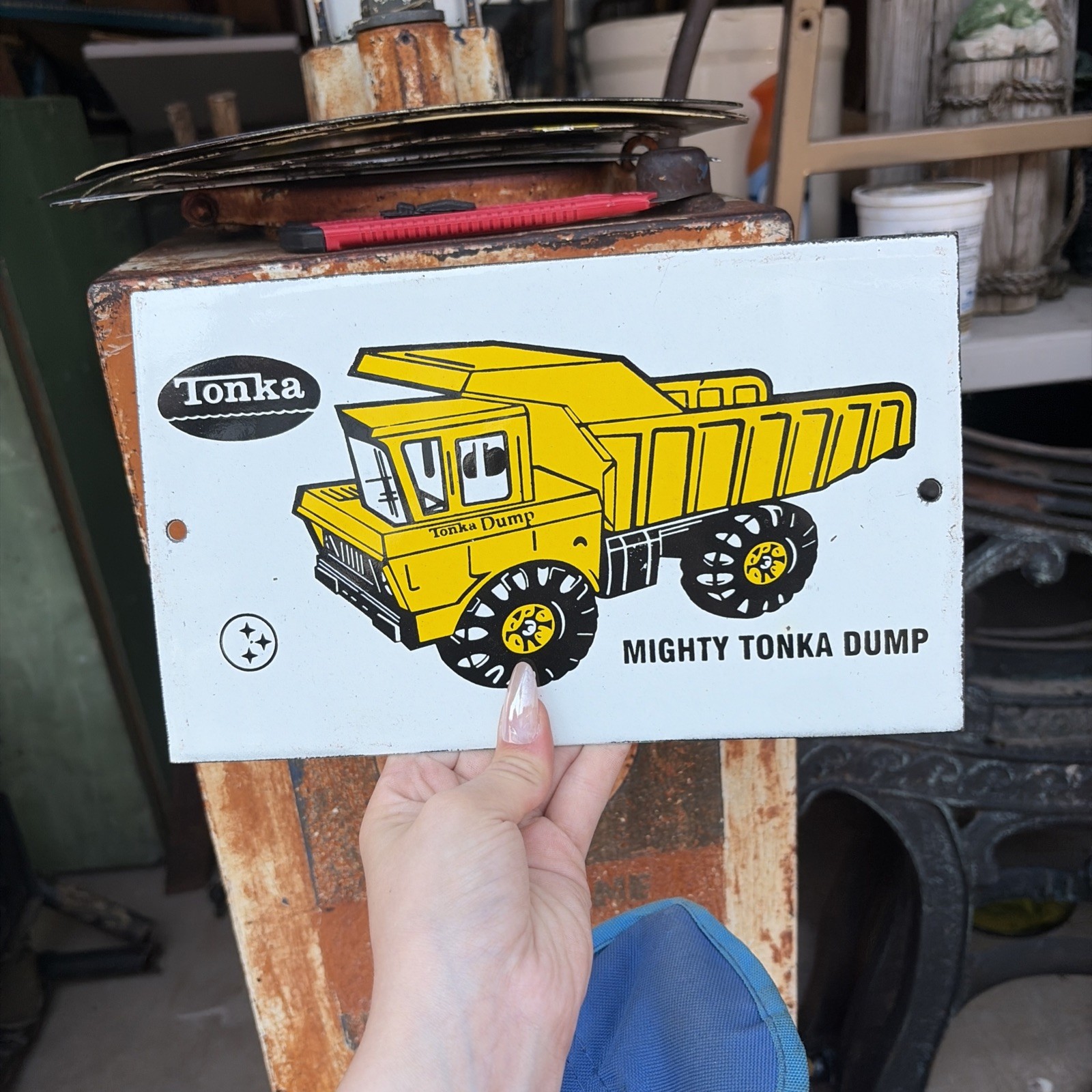 Porcelain Mighty Tonka Dump Truck Sign