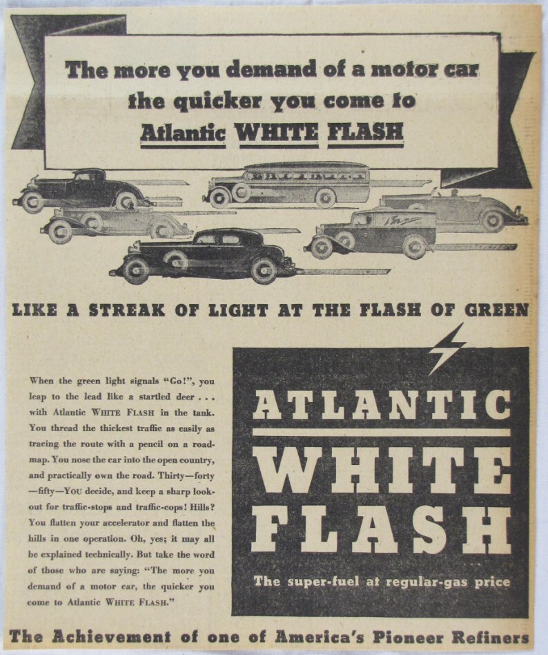 Vintage 1932 ATLANTIC White Flash Motor Oil Gasoline Gas Newspaper Print Ad