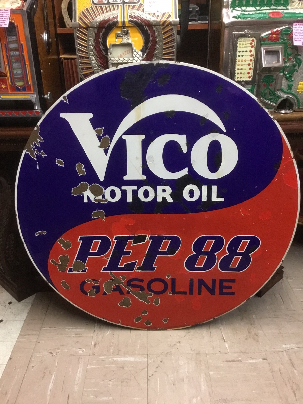 Ultra Rare 1930s 40s Vico Pep88 Gasoline Double Sided Porcelain Sign 42 inches.