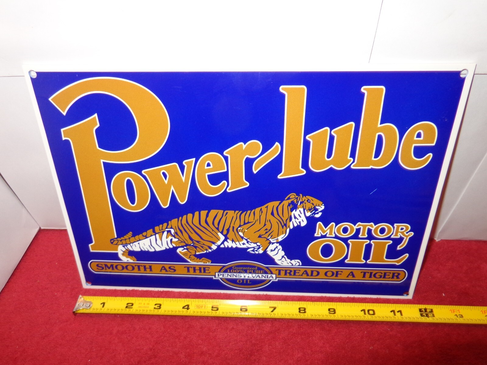 12 x 8 in POWER-LUBE MOTOR OIL TIGER ADVERTISING SIGN HEAVY DIE CUT METAL # S 65