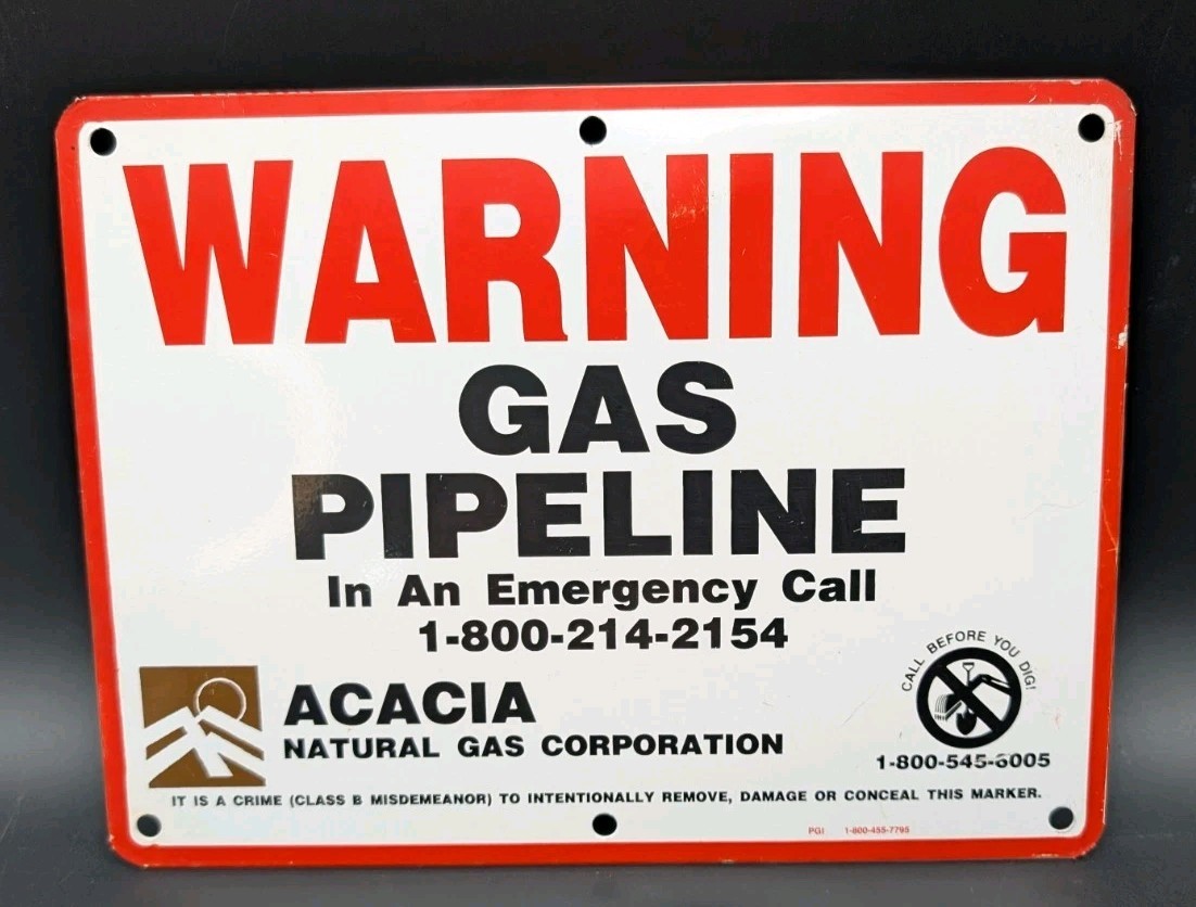 Acacia Gas Pipeline Metal Sign Natural Gas, Red Warning, Double Sided 9×12″