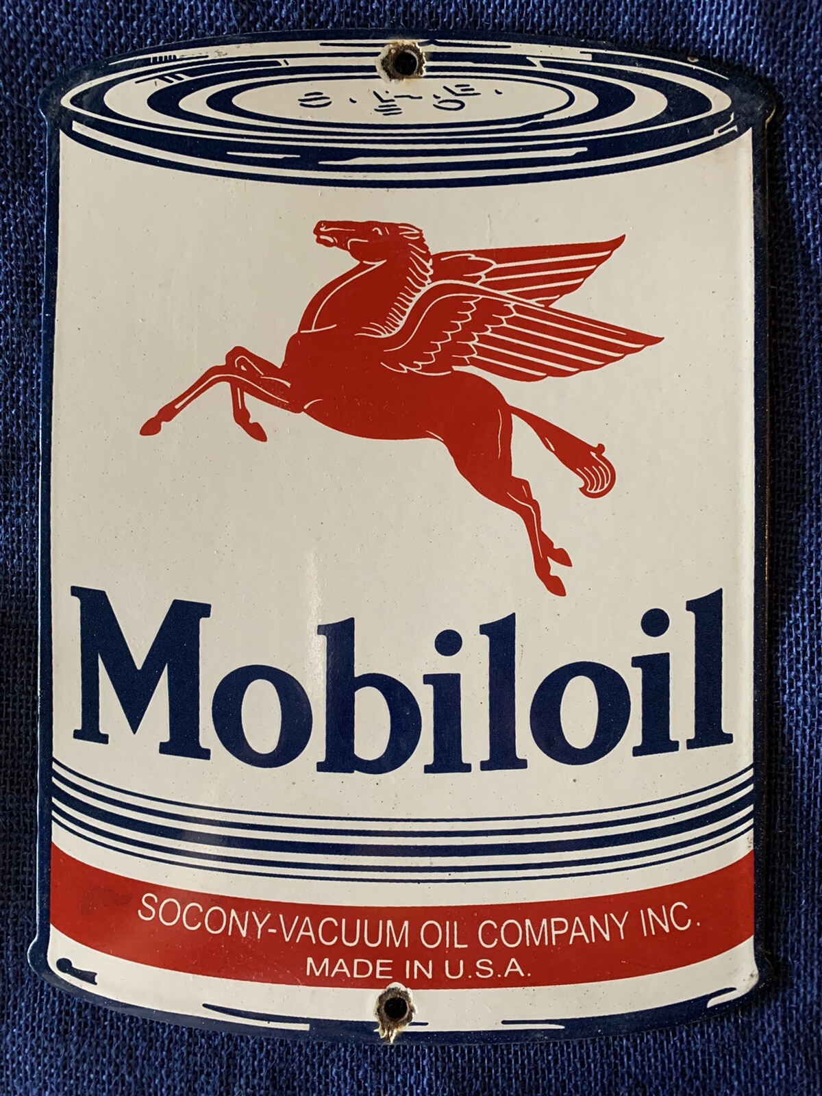 VINTAGE STYLE MOBILOIL CAN SHAPE SIGN PORCELAIN ENAMEL 11 X 8 INCH