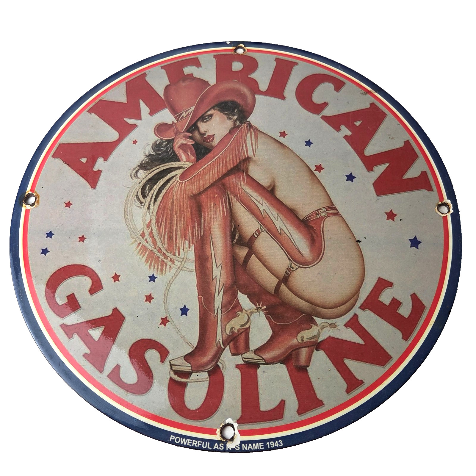 Vintage American Gasoline Sign – Gas Motor Oil Pump Porcelain Pinup Girl Sign